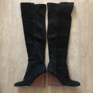 Vince Camuto Black Suede Knee-High Wedge Boots